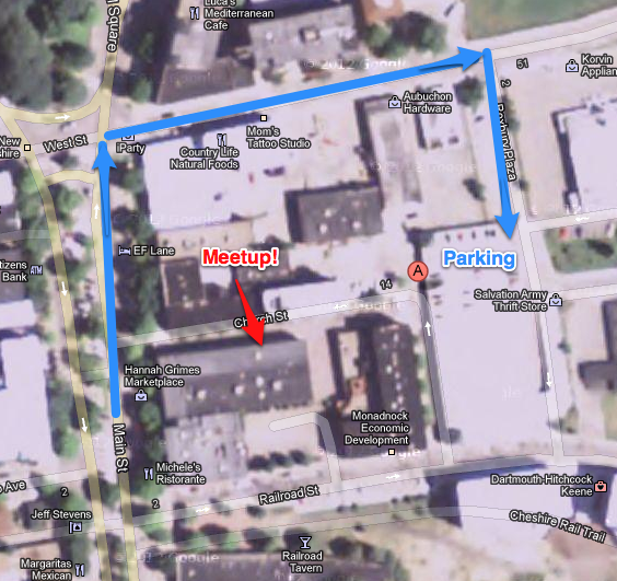 Map with indicators for the meetup location and parking.